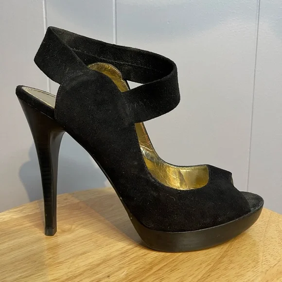 Bakers Debbie Black Suede Peep Toe High Heels Women’s 8M - Picture 2 of 11